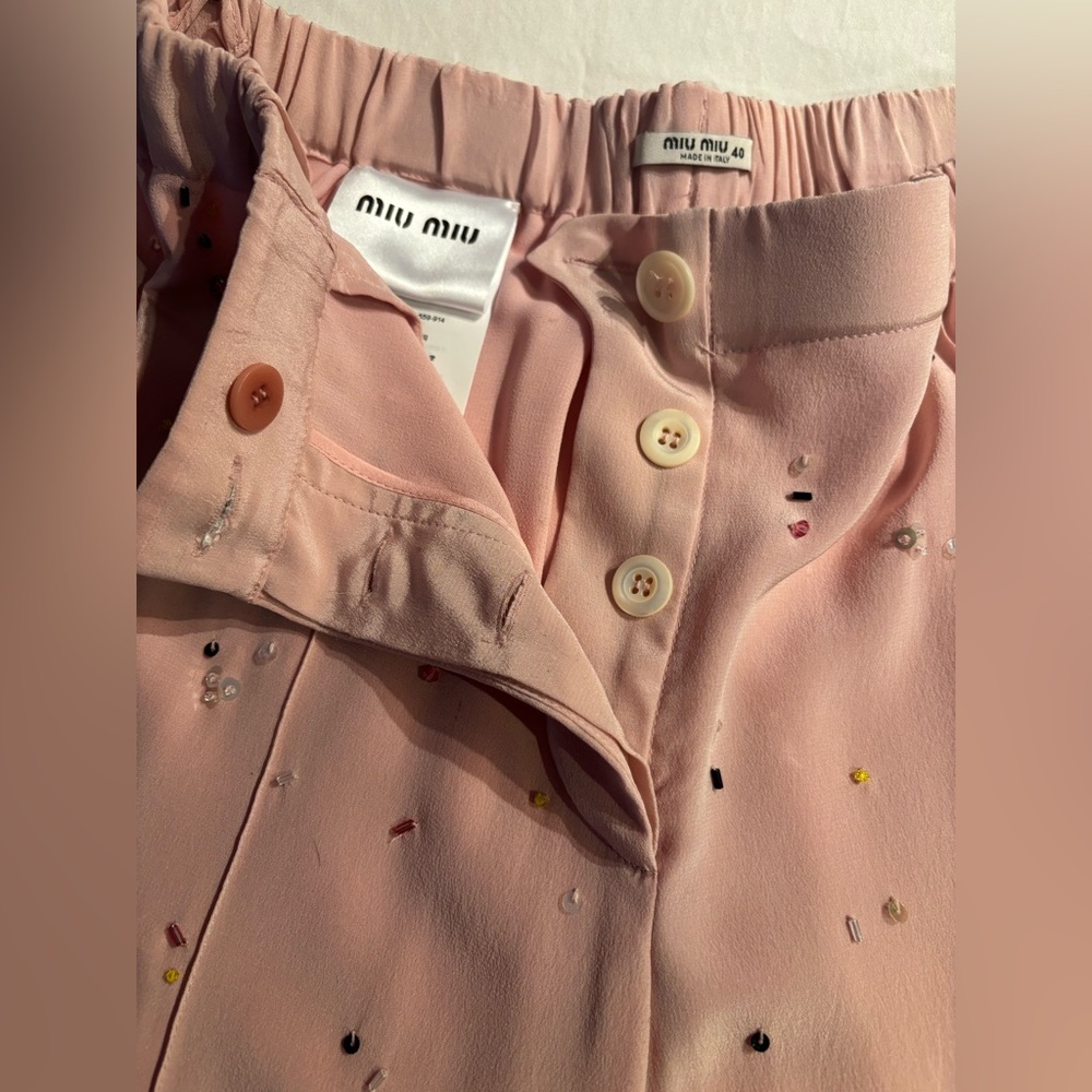 NWT MIU MIU Pink silk pants rhinestone beaded sequin Sz 40